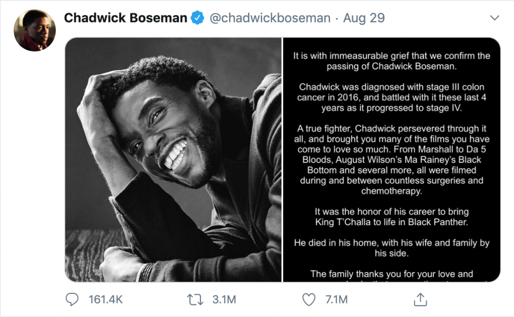 announcement of Chadwick Boseman' death